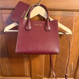 Michael Kors Wine Pebble Leather Satchel with Card Case